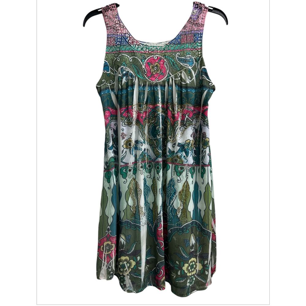 S-Twelve Green Lace top Rhinestone Floral Sleeveless Mini Dress Womens Large